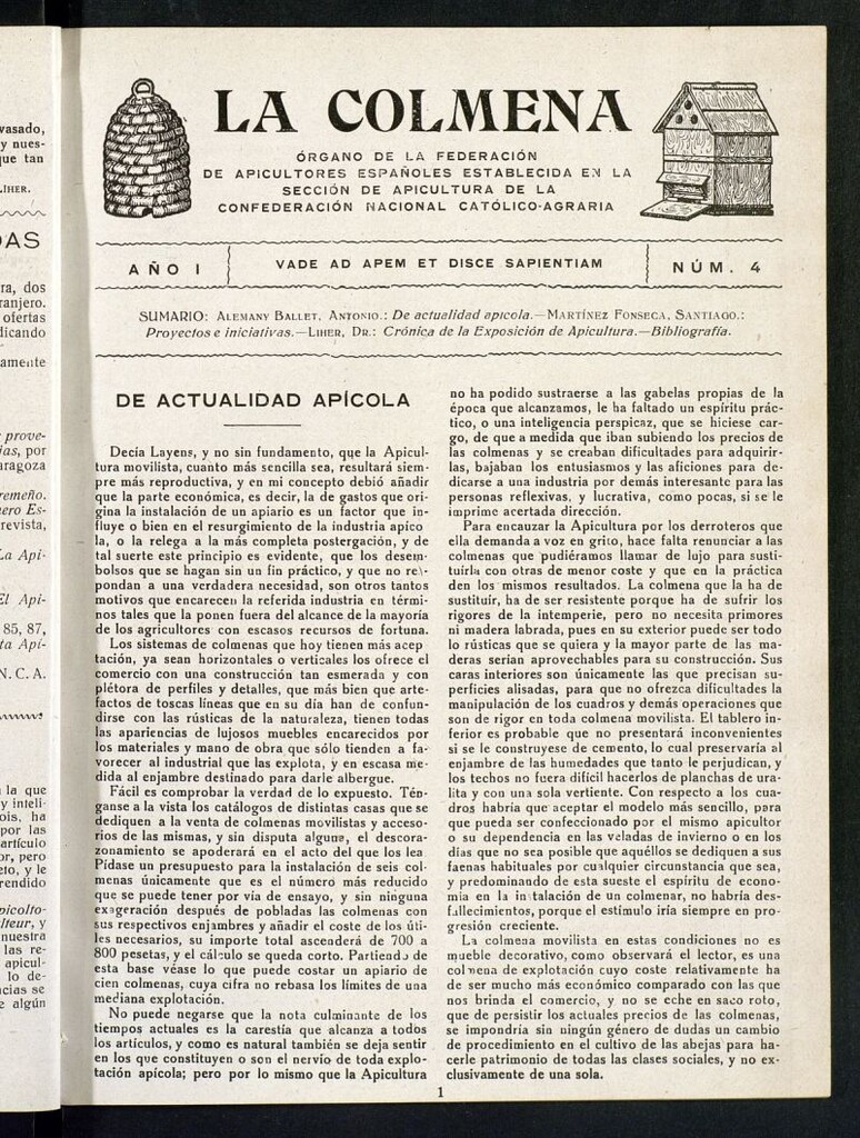 Miniatura de La Colmena : órgano de la Federación de Apicultores españoles establecida en la sección de apicultura de la Confederación Nacional Católico-Agraria. Nº 4