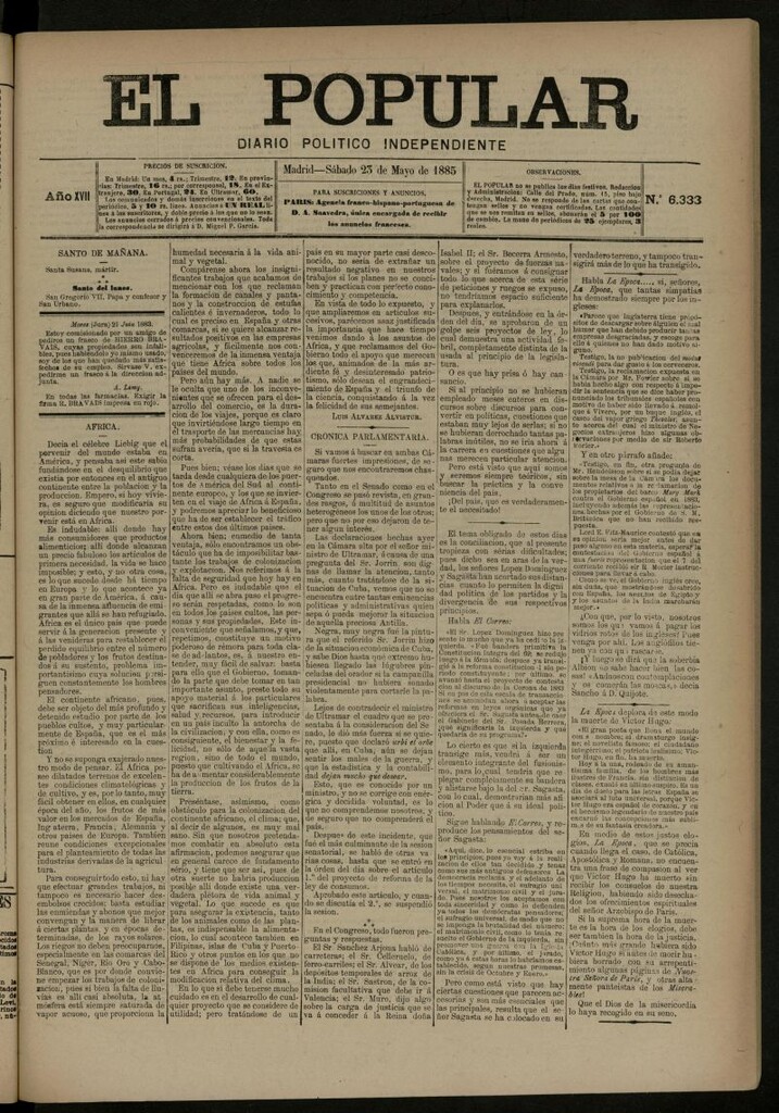 Miniatura de El Popular: diario independiente, político, literario y de noticias de interés general del 23 de mayo de 1885, nº 6333