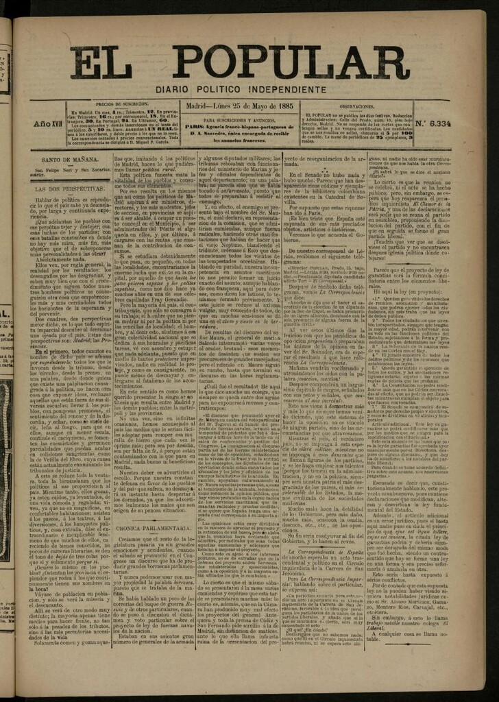 Miniatura de El Popular: diario independiente, político, literario y de noticias de interés general del 25 de mayo de 1885, nº 6334