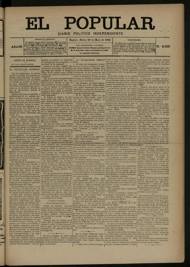 Miniatura de El Popular: diario independiente, político, literario y de noticias de interés general del 26 de mayo de 1885, nº 6335