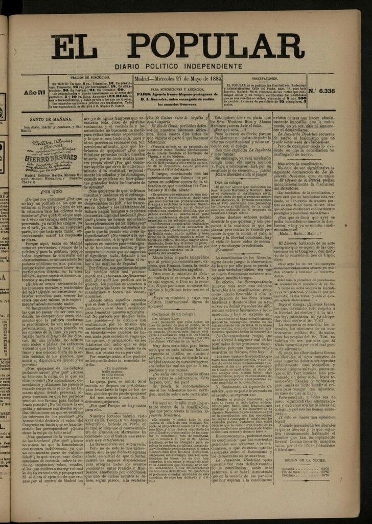 Miniatura de El Popular: diario independiente, político, literario y de noticias de interés general del 27 de mayo de 1885, nº 6336