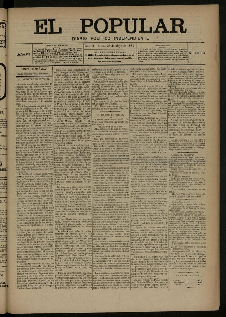 Miniatura de El Popular: diario independiente, político, literario y de noticias de interés general del 28 de mayo de 1885, nº 6339