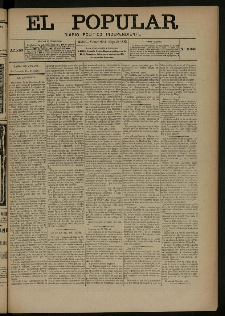 Miniatura de El Popular: diario independiente, político, literario y de noticias de interés general del 29 de mayo de 1885, nº 6340