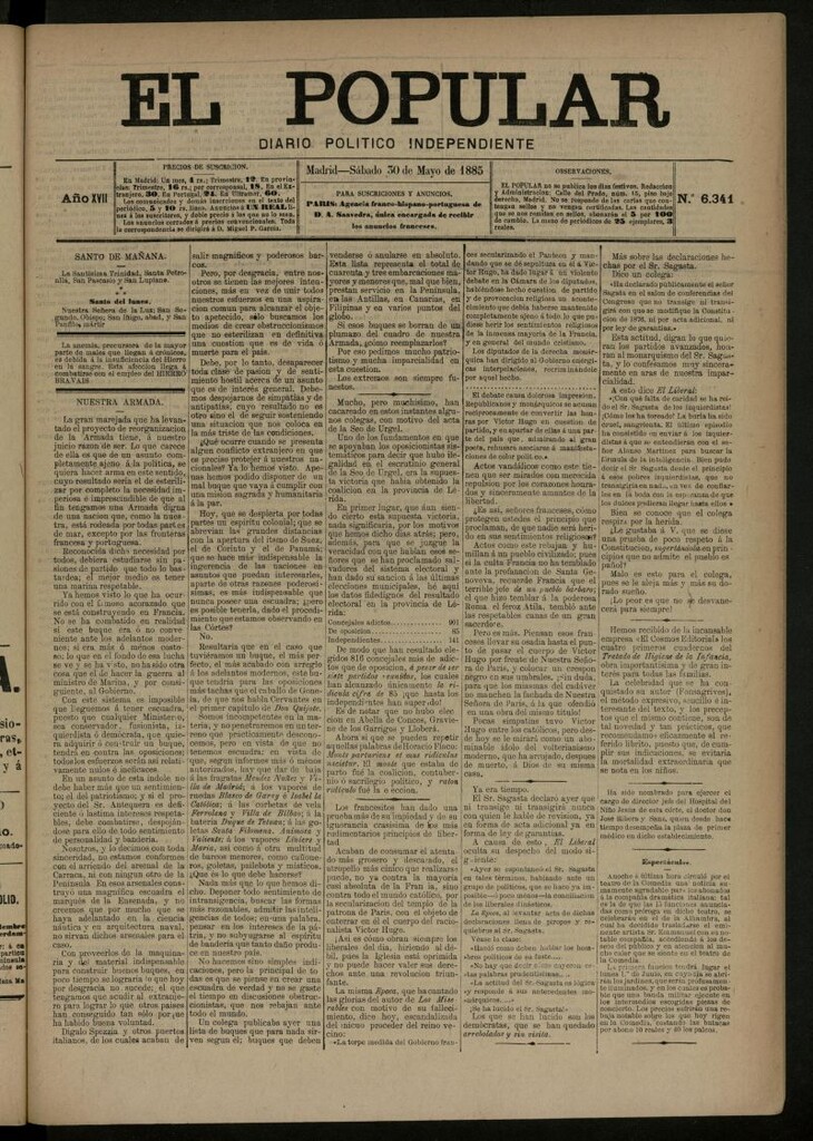 Miniatura de El Popular: diario independiente, político, literario y de noticias de interés general del 30 de mayo de 1885, nº 6341
