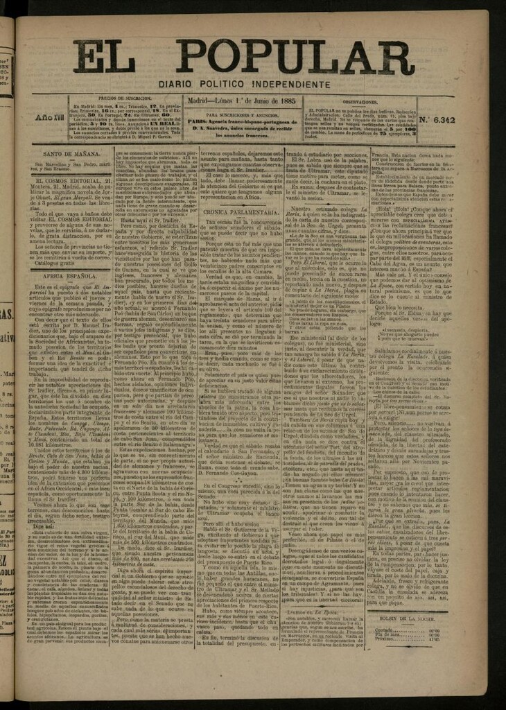 Miniatura de El Popular: diario independiente, político, literario y de noticias de interés general del 1 de junio de 1885, nº 6342