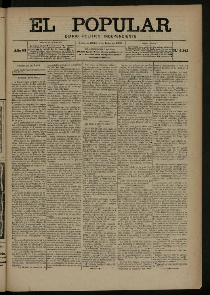 Miniatura de El Popular: diario independiente, político, literario y de noticias de interés general del 2 de junio de 1885, nº 6343