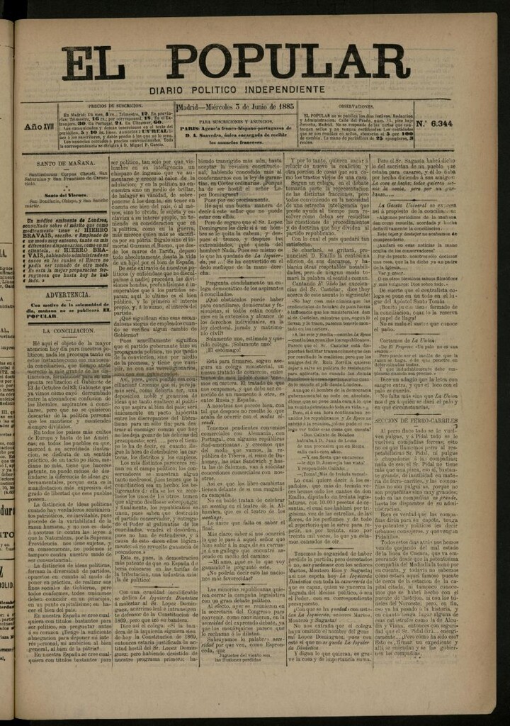 Miniatura de El Popular: diario independiente, político, literario y de noticias de interés general del 3 de junio de 1885, nº 6344