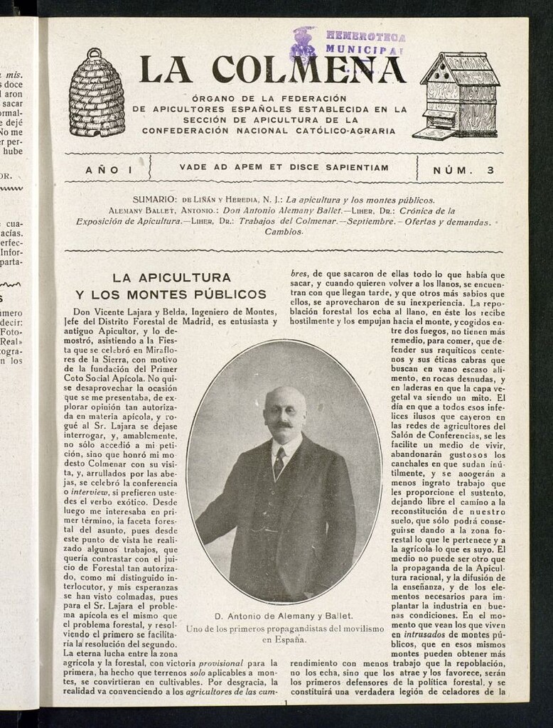 Miniatura de La Colmena : órgano de la Federación de Apicultores españoles establecida en la sección de apicultura de la Confederación Nacional Católico-Agraria. Nº 3