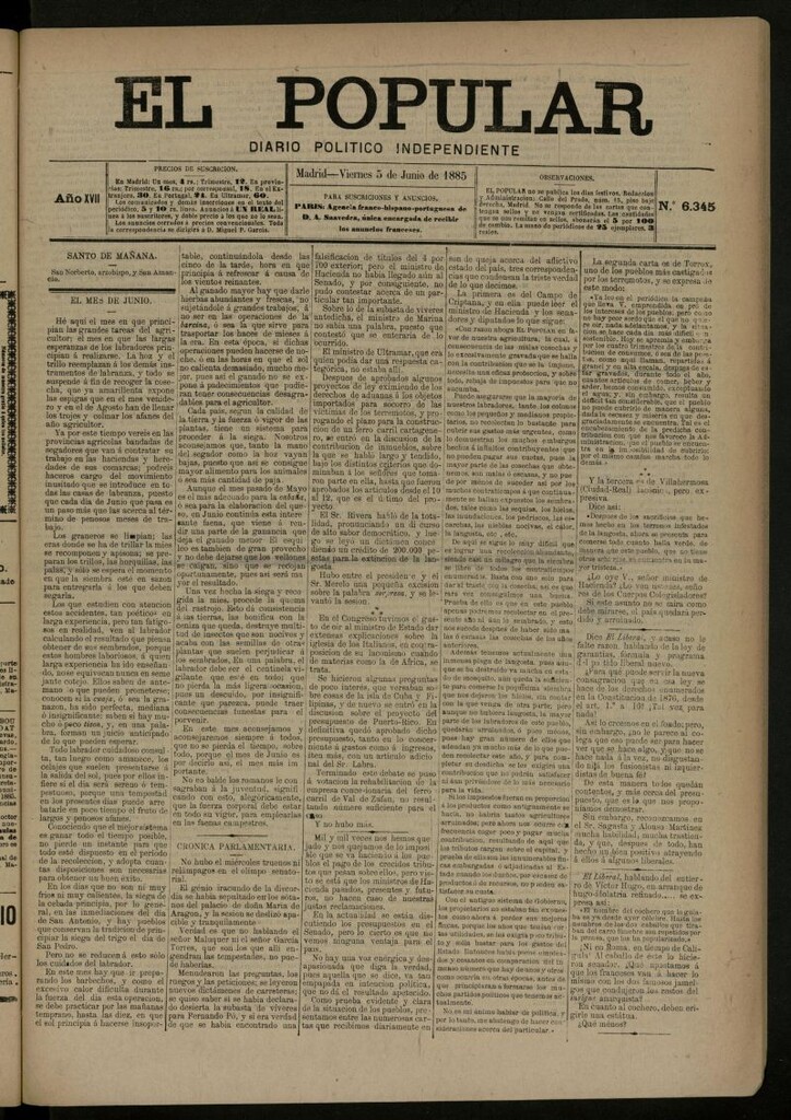 Miniatura de El Popular: diario independiente, político, literario y de noticias de interés general del 5 de junio de 1885, nº 6345