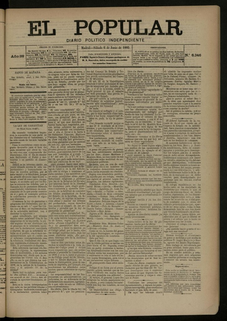 Miniatura de El Popular: diario independiente, político, literario y de noticias de interés general del 6 de junio de 1885, nº 6346