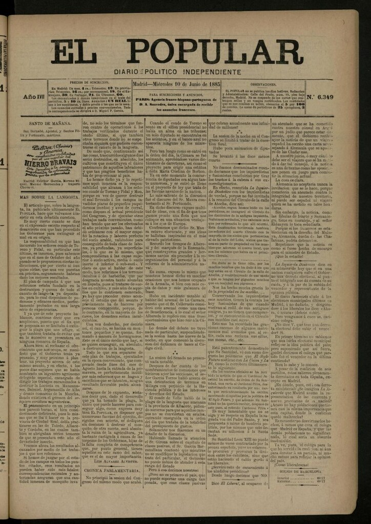 Miniatura de El Popular: diario independiente, político, literario y de noticias de interés general del 10 de junio de 1885, nº 6349