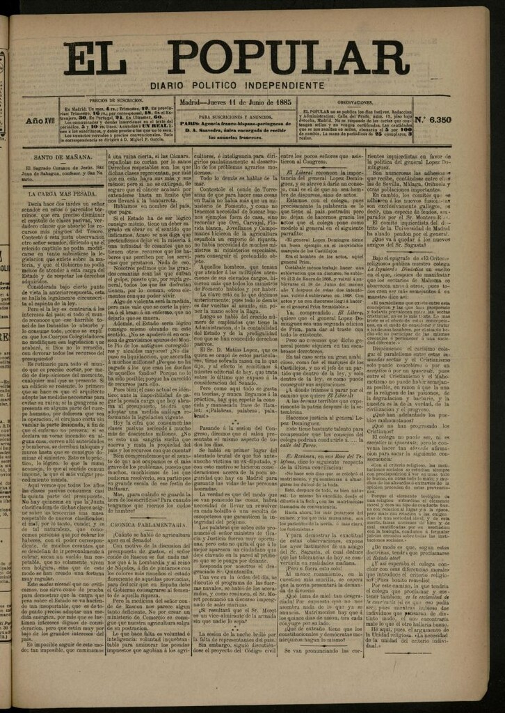 Miniatura de El Popular: diario independiente, político, literario y de noticias de interés general del 11 de junio de 1885, nº 6350
