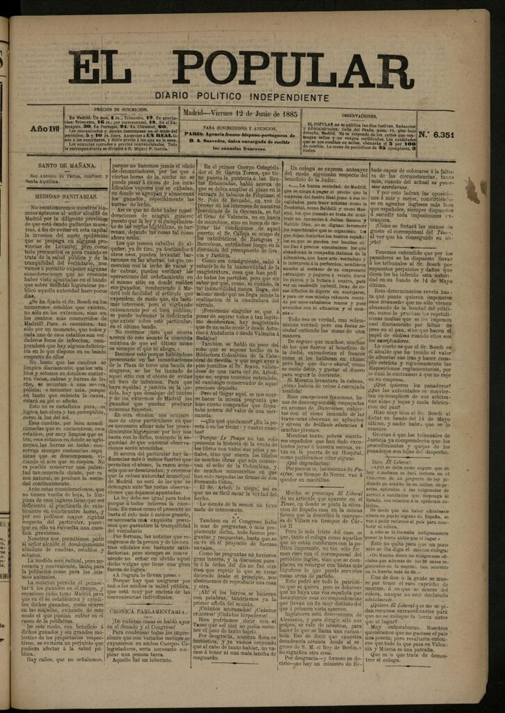 Miniatura de El Popular: diario independiente, político, literario y de noticias de interés general del 12 de junio de 1885, nº 6351