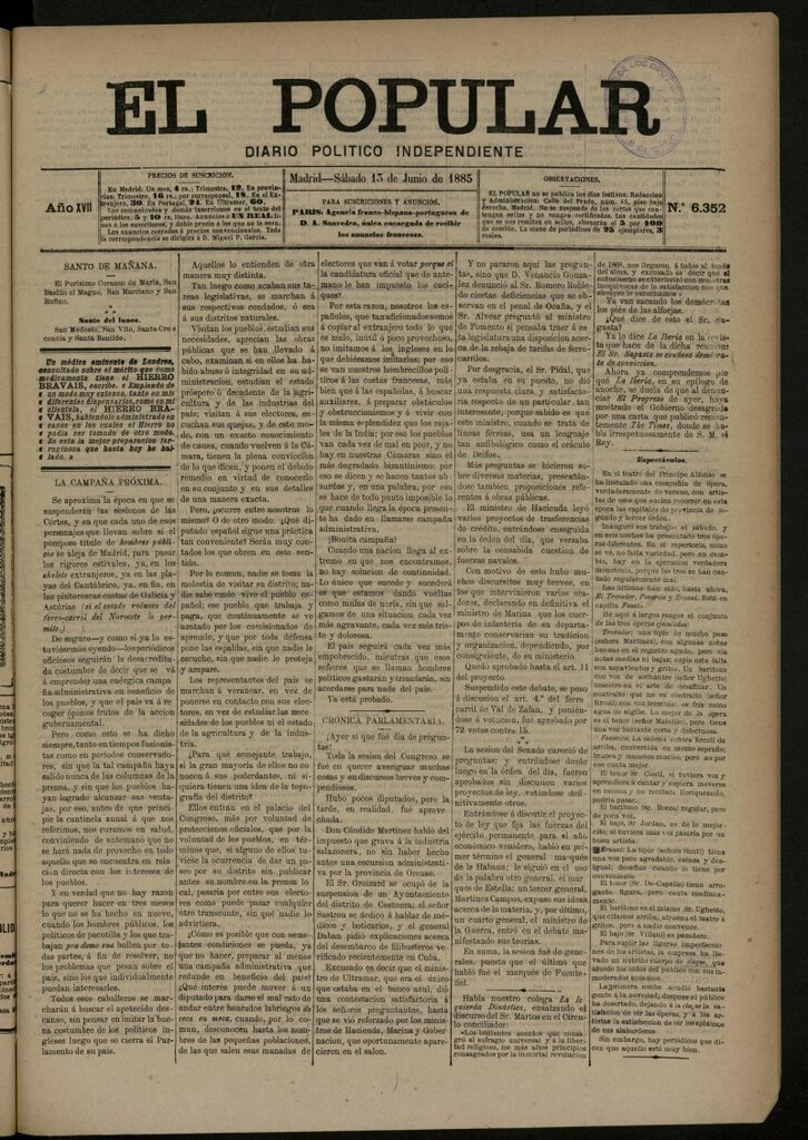 Miniatura de El Popular: diario independiente, político, literario y de noticias de interés general del 13 de junio de 1885, nº 6352