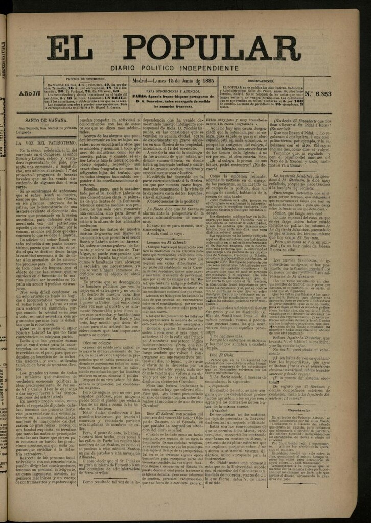 Miniatura de El Popular: diario independiente, político, literario y de noticias de interés general del 15 de junio de 1885, nº 6353