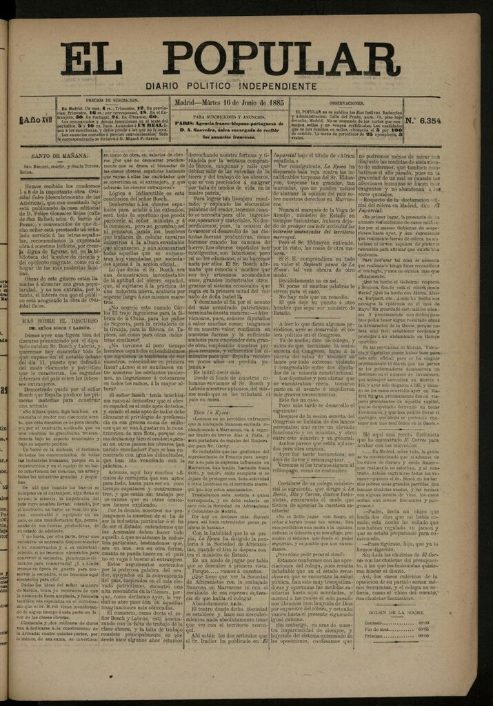 Miniatura de El Popular: diario independiente, político, literario y de noticias de interés general del 16 de junio de 1885, nº 6354