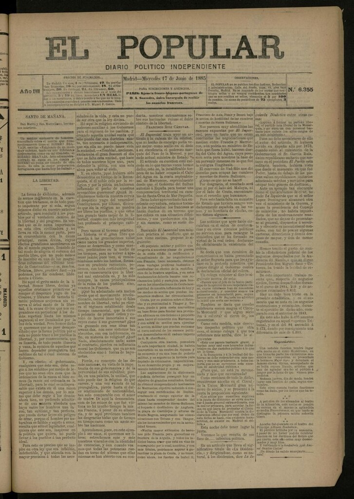 Miniatura de El Popular: diario independiente, político, literario y de noticias de interés general del 17 de junio de 1885, nº 6355