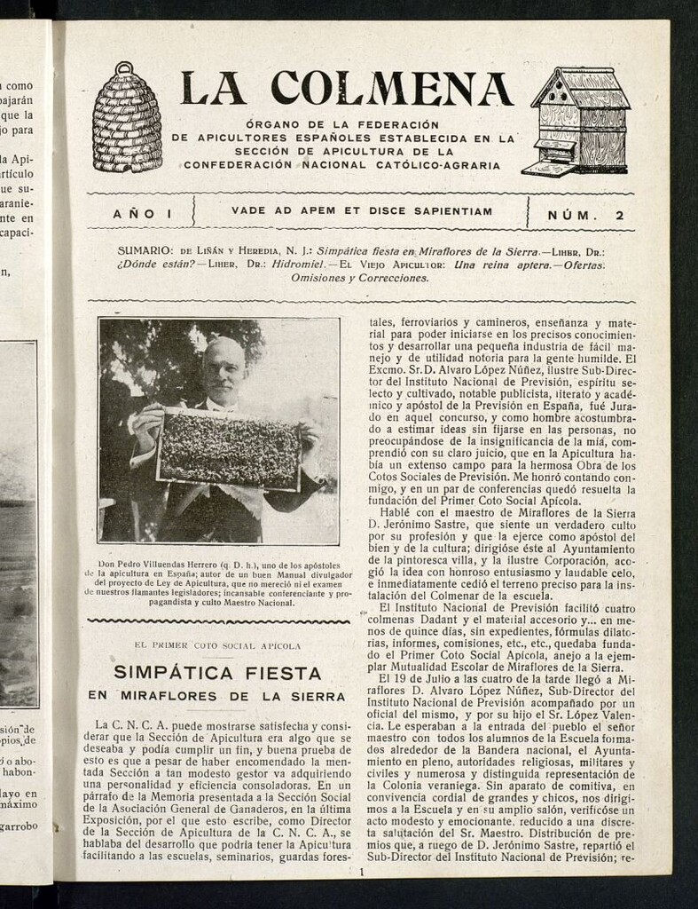 Miniatura de La Colmena : órgano de la Federación de Apicultores españoles establecida en la sección de apicultura de la Confederación Nacional Católico-Agraria. Nº 2