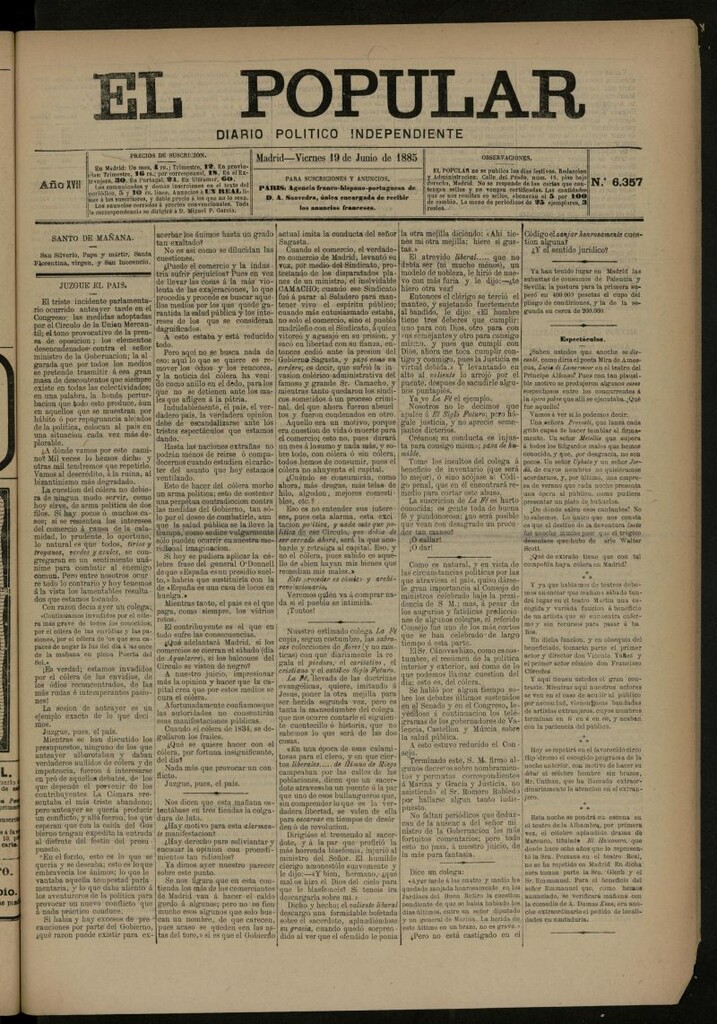 Miniatura de El Popular: diario independiente, político, literario y de noticias de interés general del 19 de junio de 1885, nº 6357