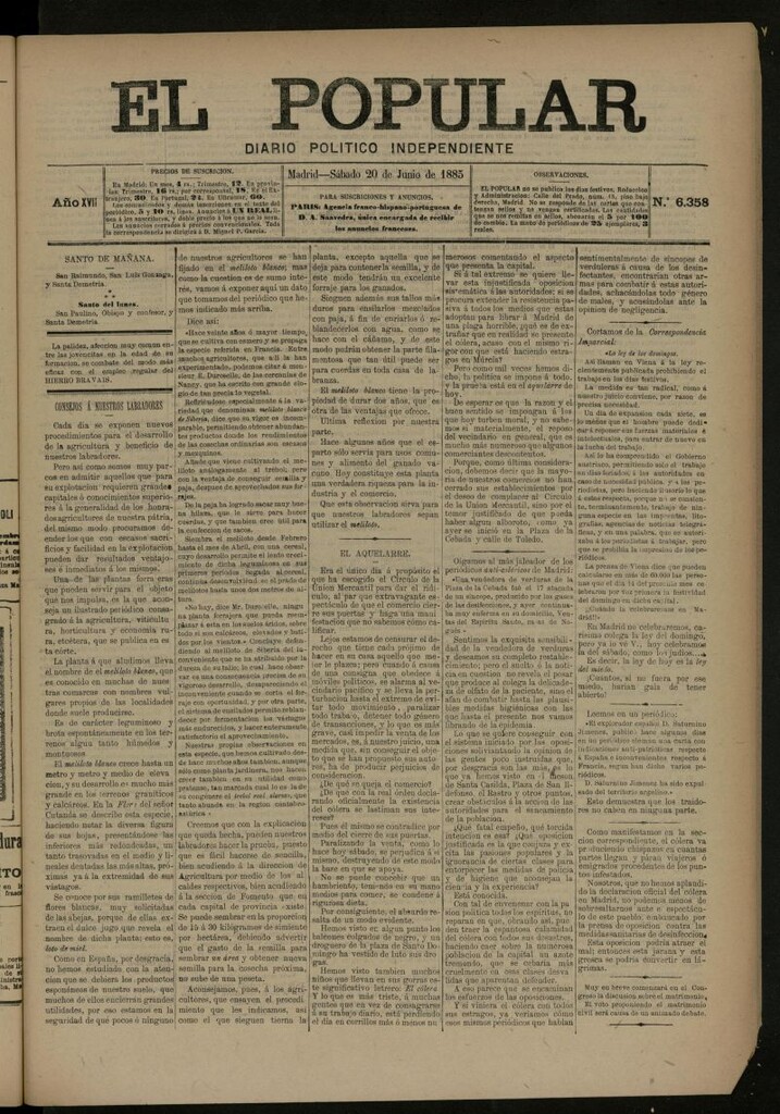 Miniatura de El Popular: diario independiente, político, literario y de noticias de interés general del 20 de junio de 1885, nº 6358