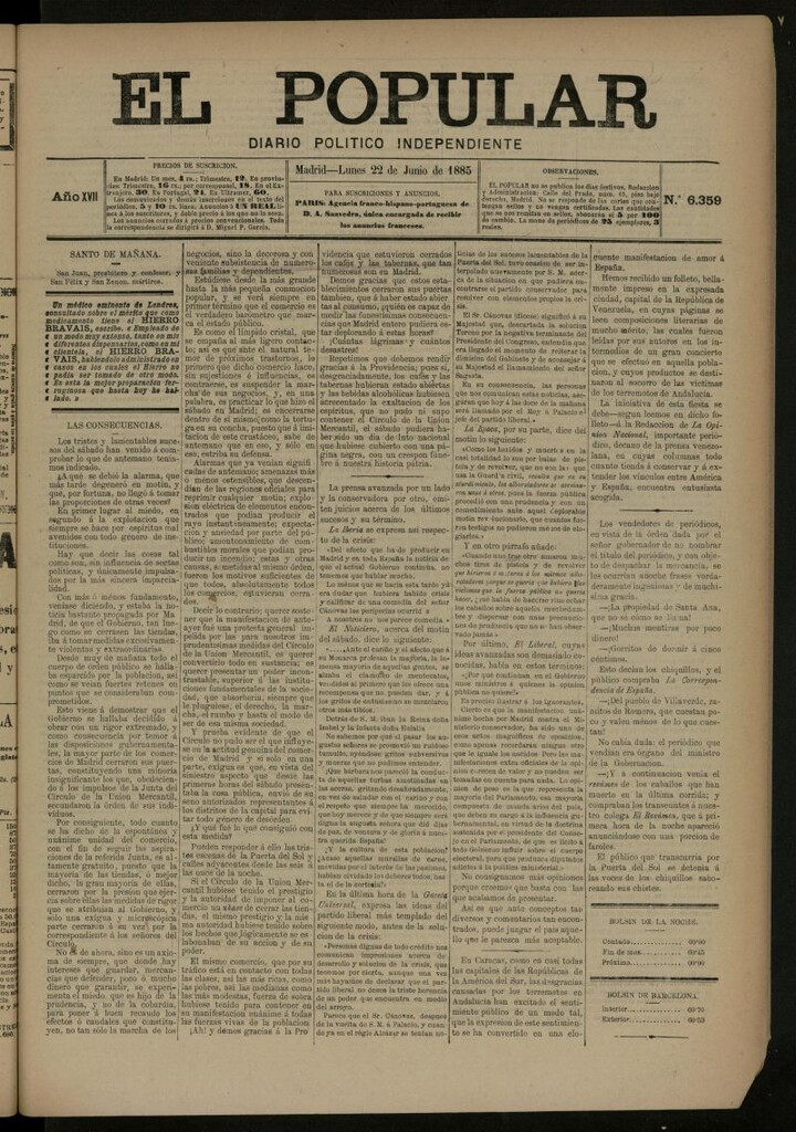 Miniatura de El Popular: diario independiente, político, literario y de noticias de interés general del 22 de junio de 1885, nº 6359