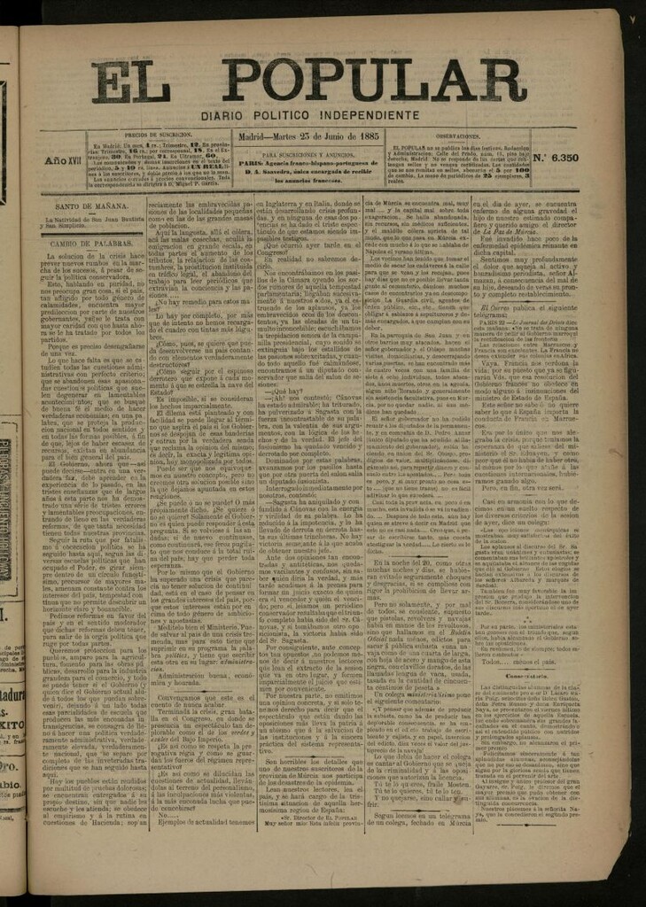 Miniatura de El Popular: diario independiente, político, literario y de noticias de interés general del 23 de junio de 1885, nº 6350 [sic]