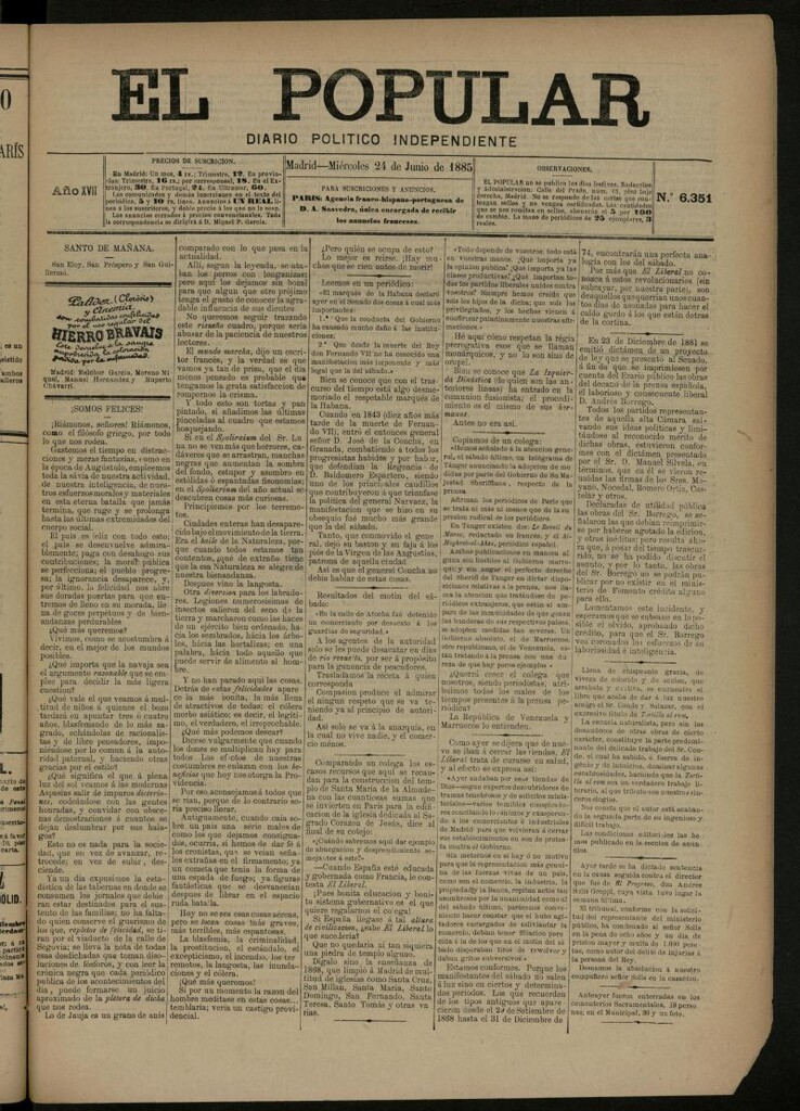 Miniatura de El Popular: diario independiente, político, literario y de noticias de interés general del 24 de junio de 1885, nº 6351 [sic]