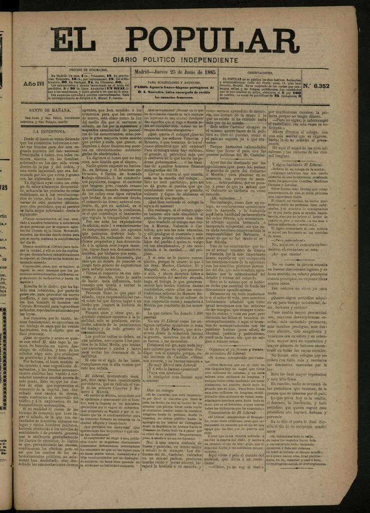 Miniatura de El Popular: diario independiente, político, literario y de noticias de interés general del 25 de junio de 1885, nº 6352 [sic]