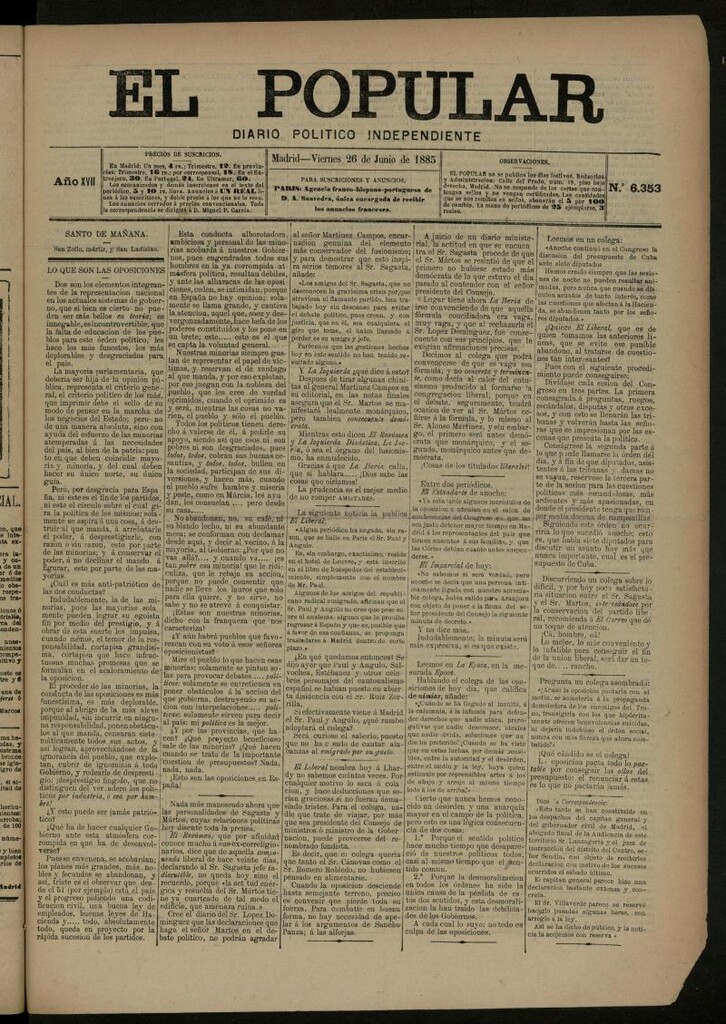 Miniatura de El Popular: diario independiente, político, literario y de noticias de interés general del 26 de junio de 1885, nº 6353 [sic]