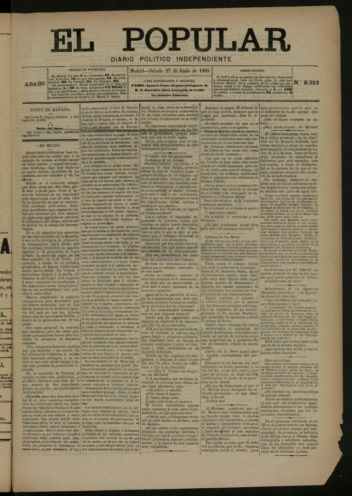 Miniatura de El Popular: diario independiente, político, literario y de noticias de interés general del 27 de junio de 1885, nº 6353 [sic]