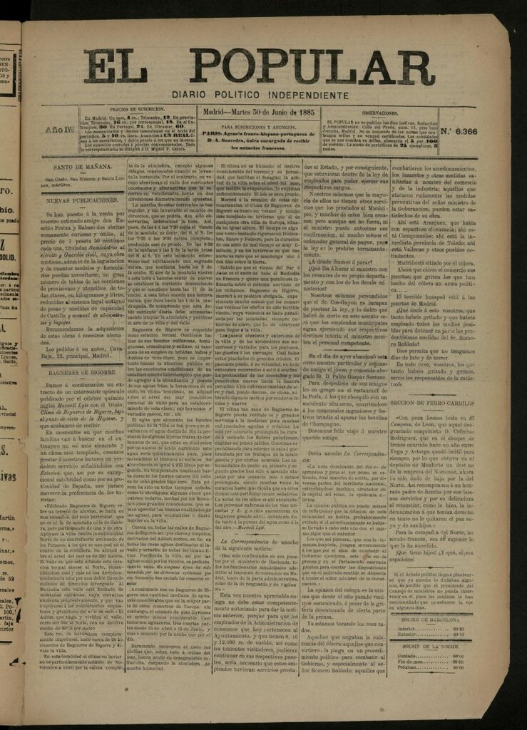 Miniatura de El Popular: diario independiente, político, literario y de noticias de interés general del 30 de junio de 1885, nº 6366