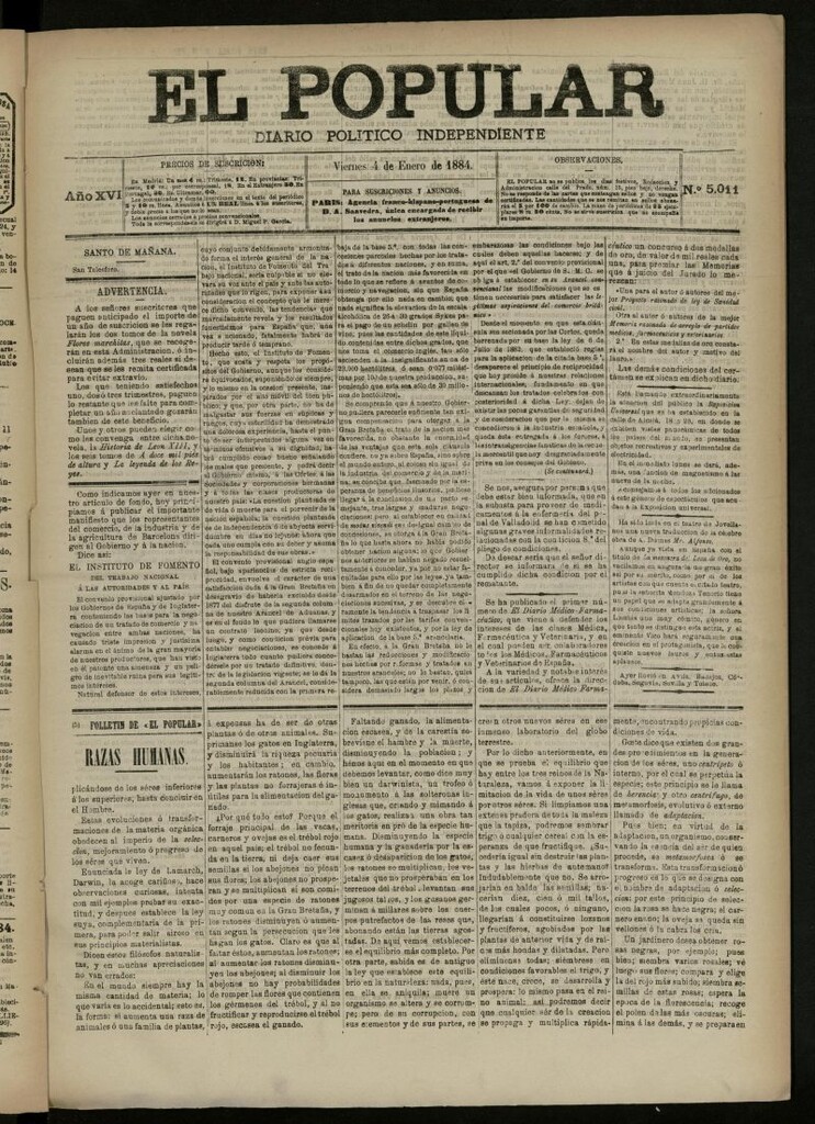 Miniatura de El Popular: diario independiente, político, literario y de noticias de interés general del 4 de enero de 1884, nº 5011