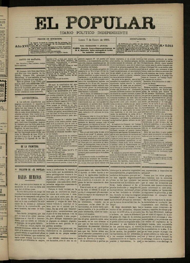Miniatura de El Popular: diario independiente, político, literario y de noticias de interés general del 7 de enero de 1884, nº 5013