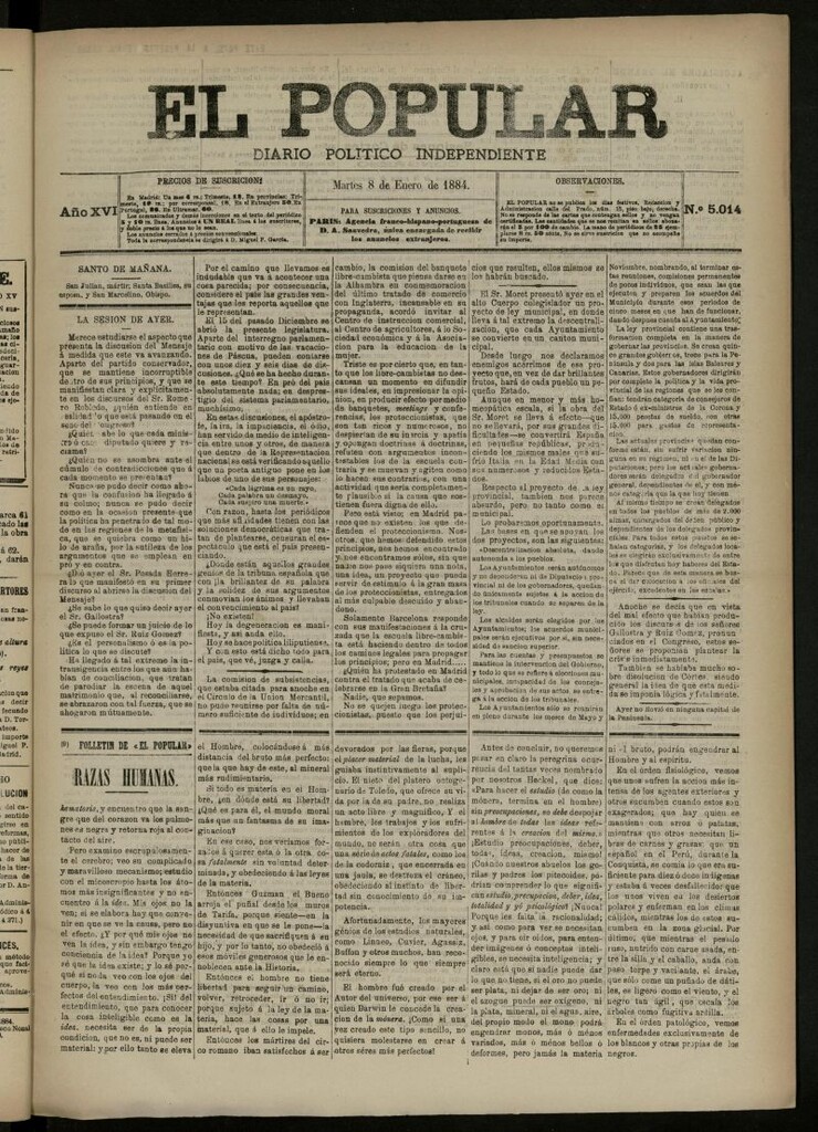 Miniatura de El Popular: diario independiente, político, literario y de noticias de interés general del 8 de enero de 1884, nº 5014
