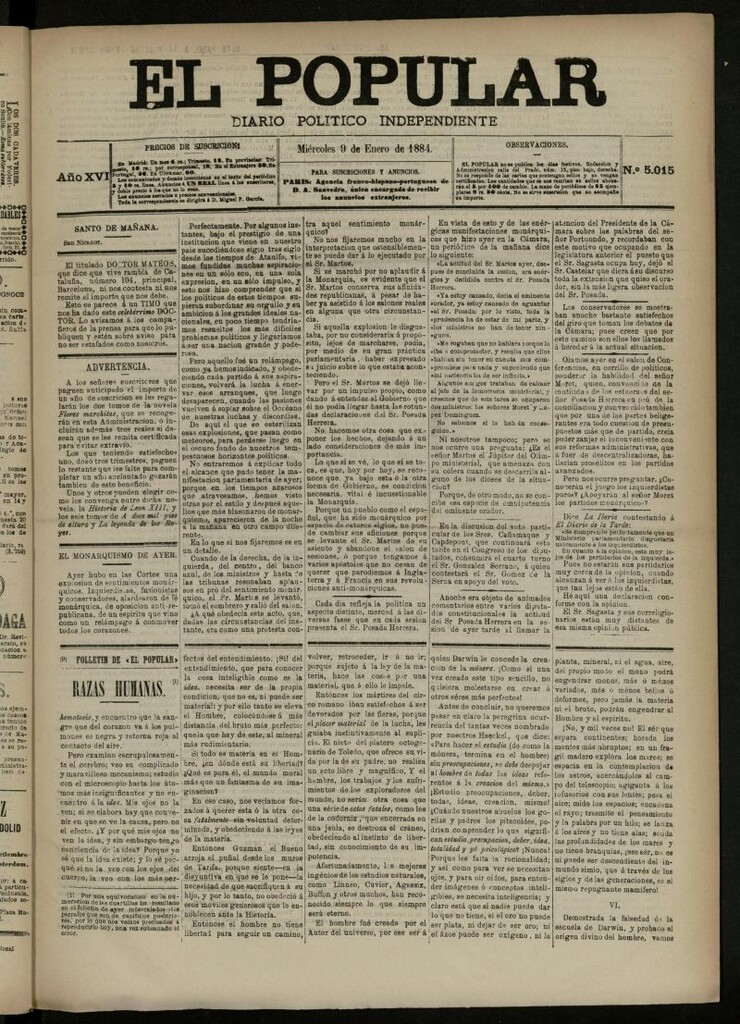 Miniatura de El Popular: diario independiente, político, literario y de noticias de interés general del 9 de enero de 1884, nº 5015