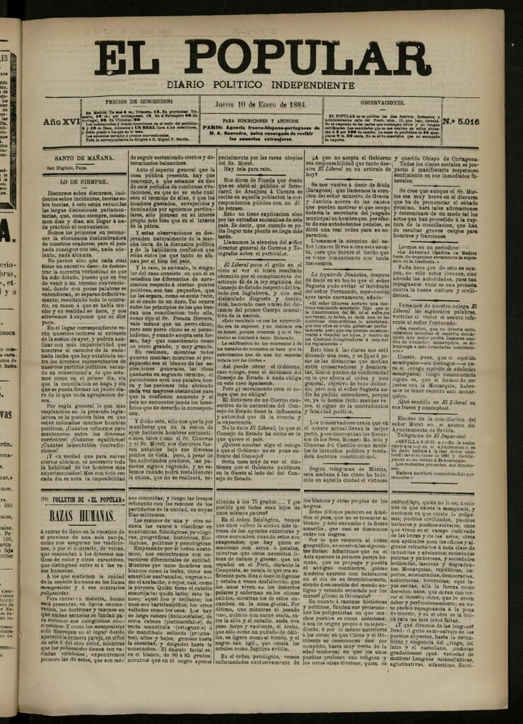 Miniatura de El Popular: diario independiente, político, literario y de noticias de interés general del 10 de enero de 1884, nº 5016