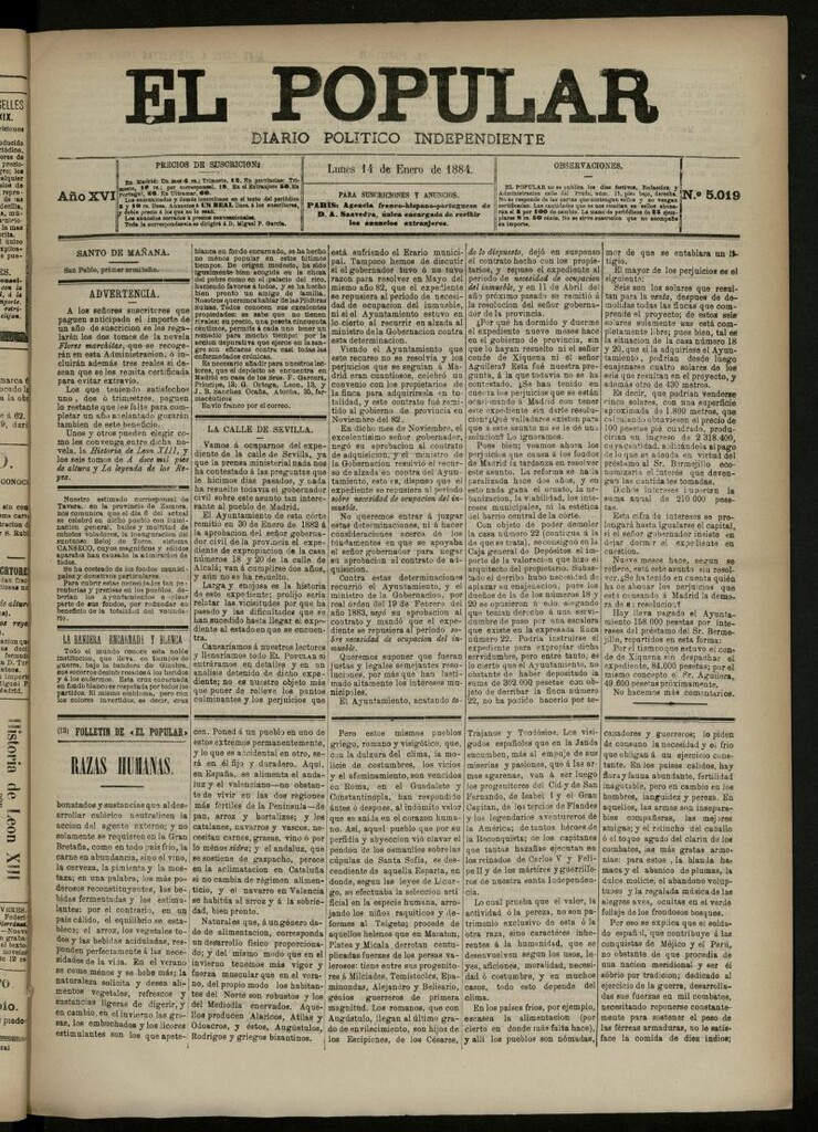 Miniatura de El Popular: diario independiente, político, literario y de noticias de interés general del 14 de enero de 1884, nº 5019