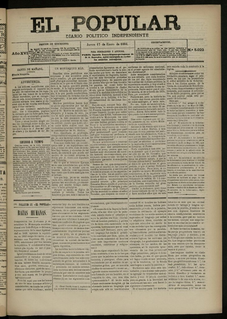 Miniatura de El Popular: diario independiente, político, literario y de noticias de interés general del 17 de enero de 1884, nº 5022