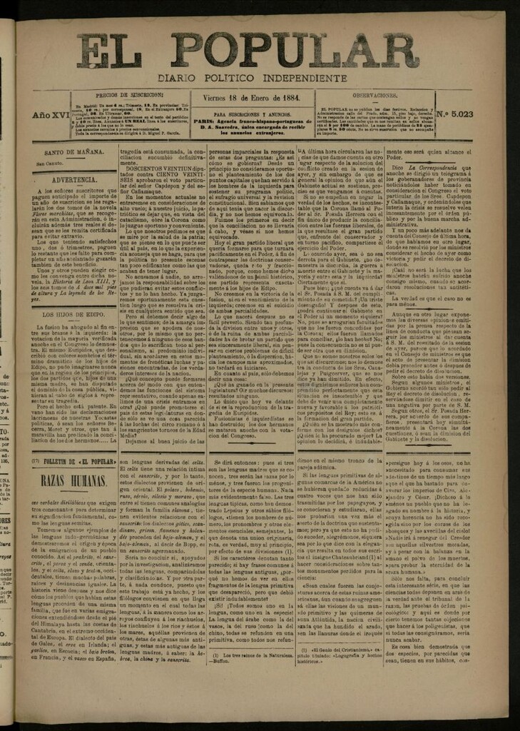 Miniatura de El Popular: diario independiente, político, literario y de noticias de interés general del 18 de enero de 1884, nº 5023