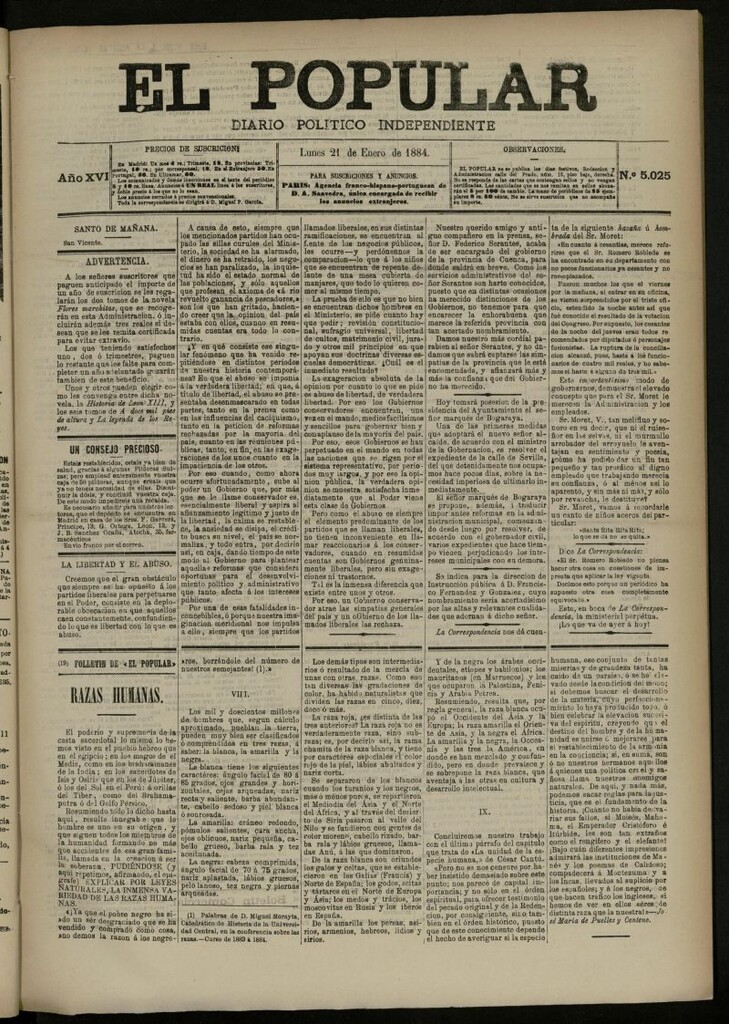 Miniatura de El Popular: diario independiente, político, literario y de noticias de interés general del 21 de enero de 1884, nº 5025