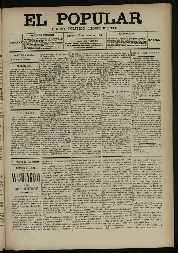 Miniatura de El Popular: diario independiente, político, literario y de noticias de interés general del 23 de enero de 1884, nº 5027