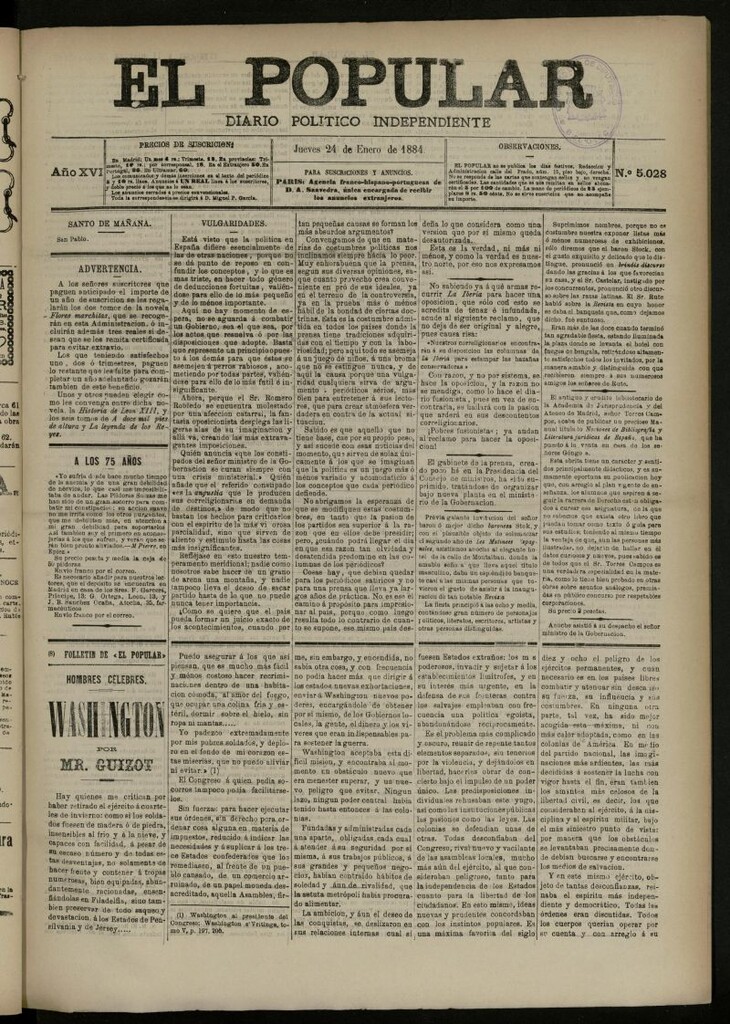 Miniatura de El Popular: diario independiente, político, literario y de noticias de interés general del 24 de enero de 1884, nº 5028