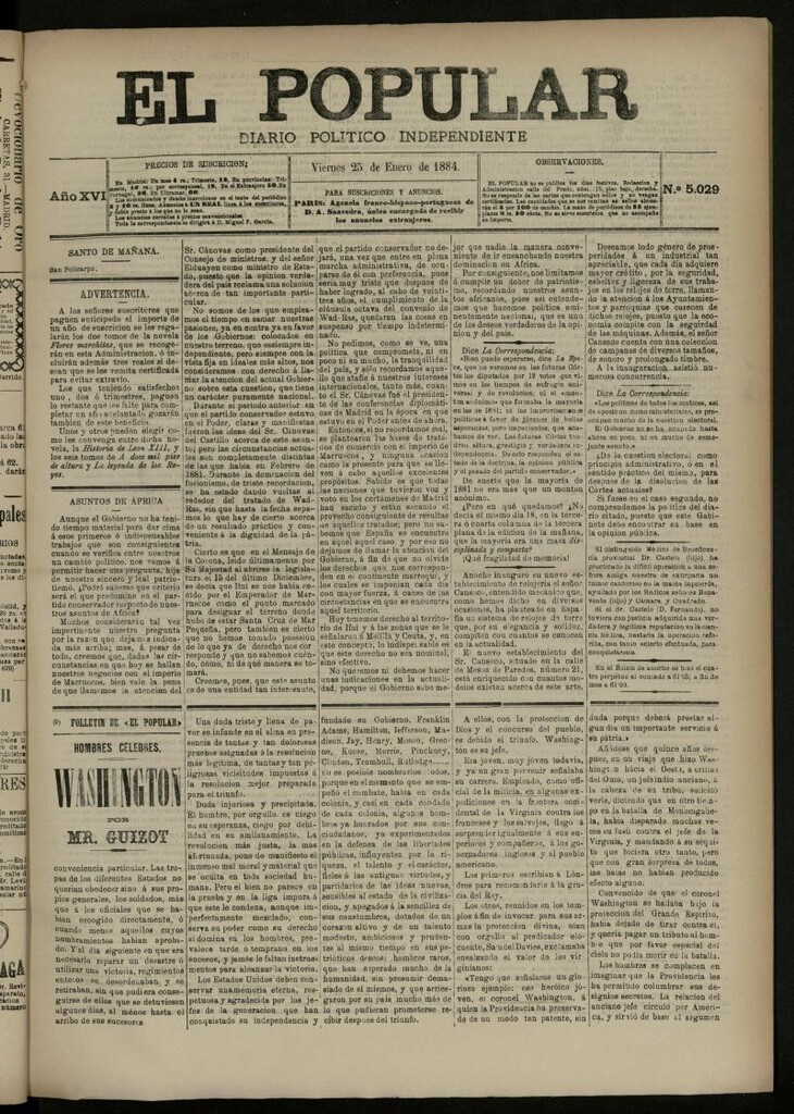 Miniatura de El Popular: diario independiente, político, literario y de noticias de interés general del 25 de enero de 1884, nº 5029