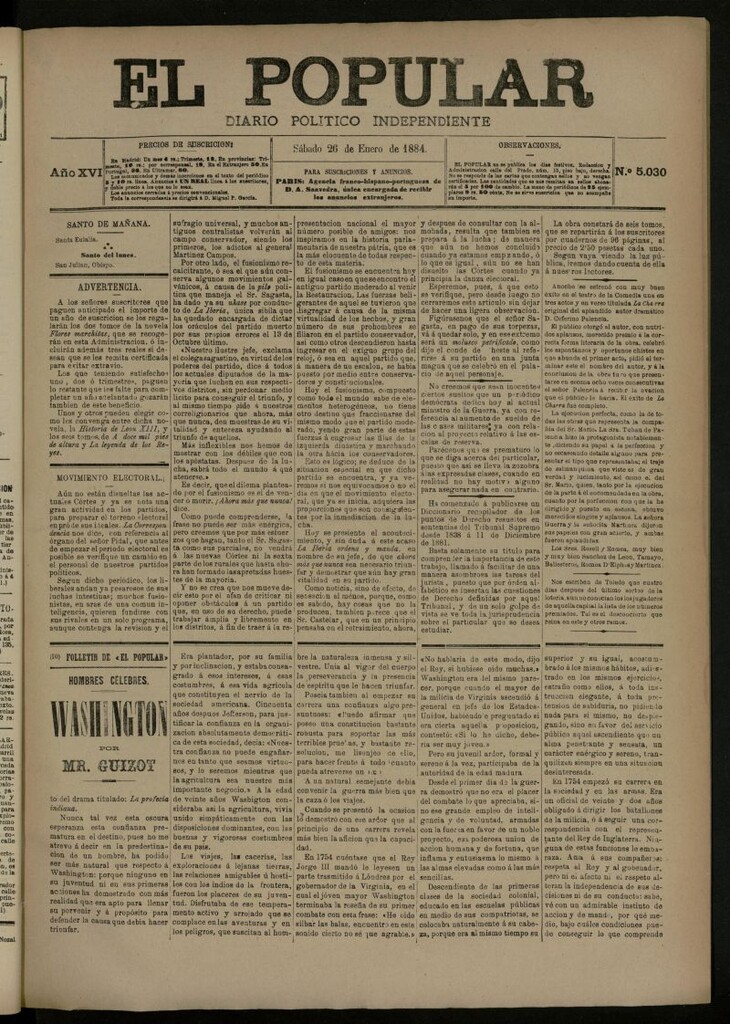 Miniatura de El Popular: diario independiente, político, literario y de noticias de interés general del 26 de enero de 1884, nº 5030