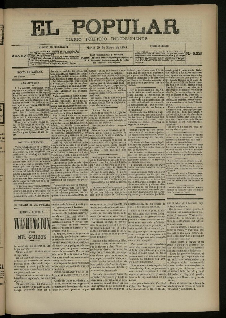 Miniatura de El Popular: diario independiente, político, literario y de noticias de interés general del 29 de enero de 1884, nº 5032