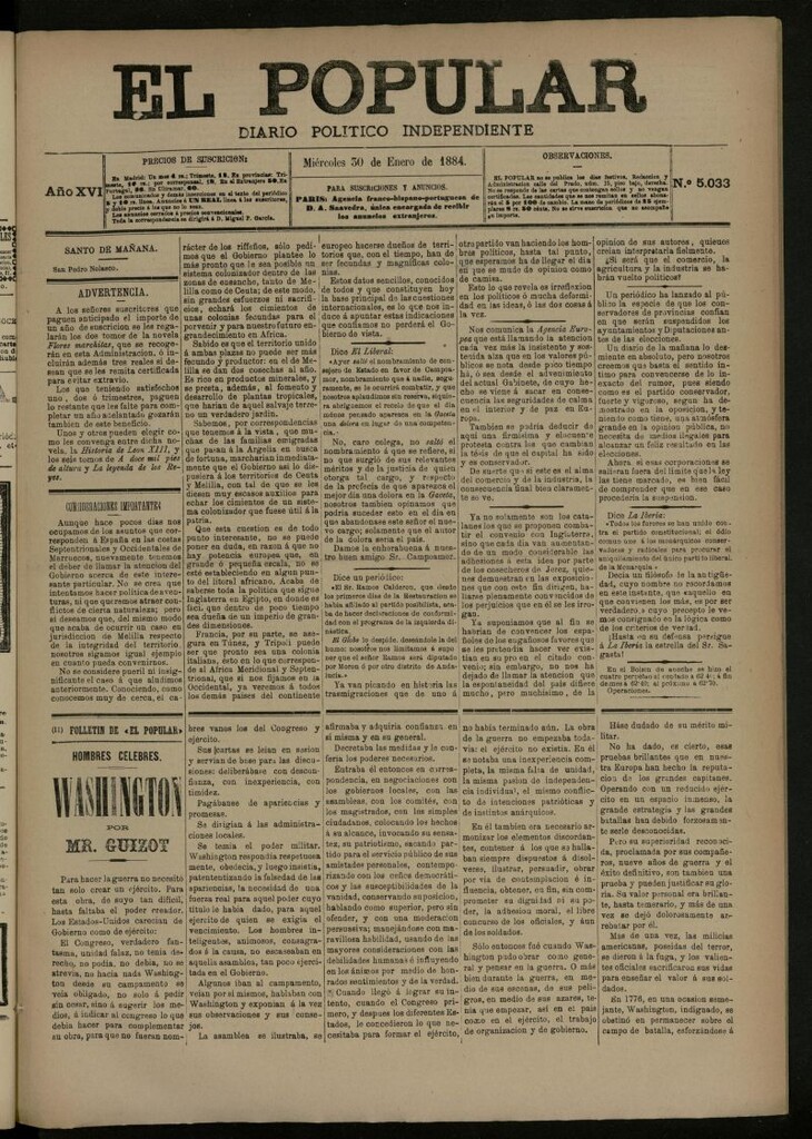 Miniatura de El Popular: diario independiente, político, literario y de noticias de interés general del 30 de enero de 1884, nº 5033