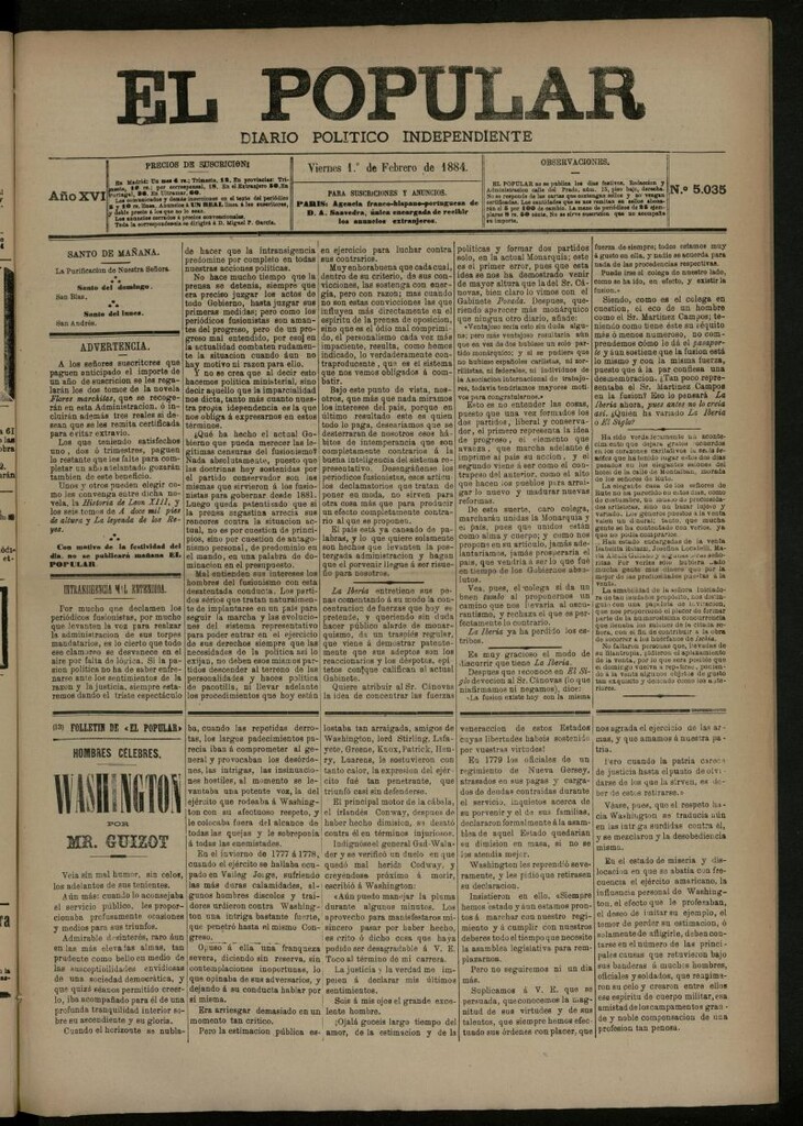Miniatura de El Popular: diario independiente, político, literario y de noticias de interés general del 1 de febrero de 1884, nº 5035