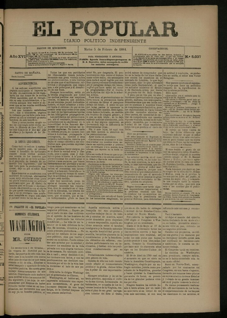 Miniatura de El Popular: diario independiente, político, literario y de noticias de interés general del 5 de febrero de 1884, nº 5037