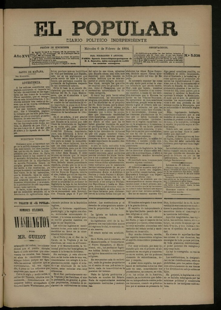 Miniatura de El Popular: diario independiente, político, literario y de noticias de interés general del 6 de febrero de 1884, nº 5038