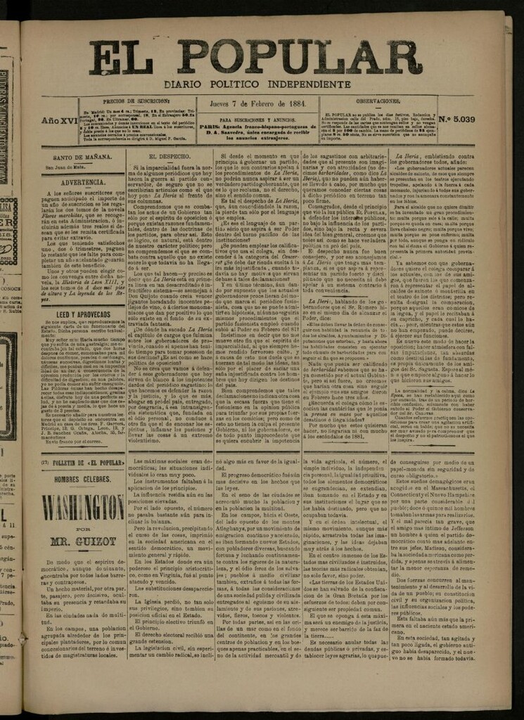 Miniatura de El Popular: diario independiente, político, literario y de noticias de interés general del 7 de febrero de 1884, nº 5039